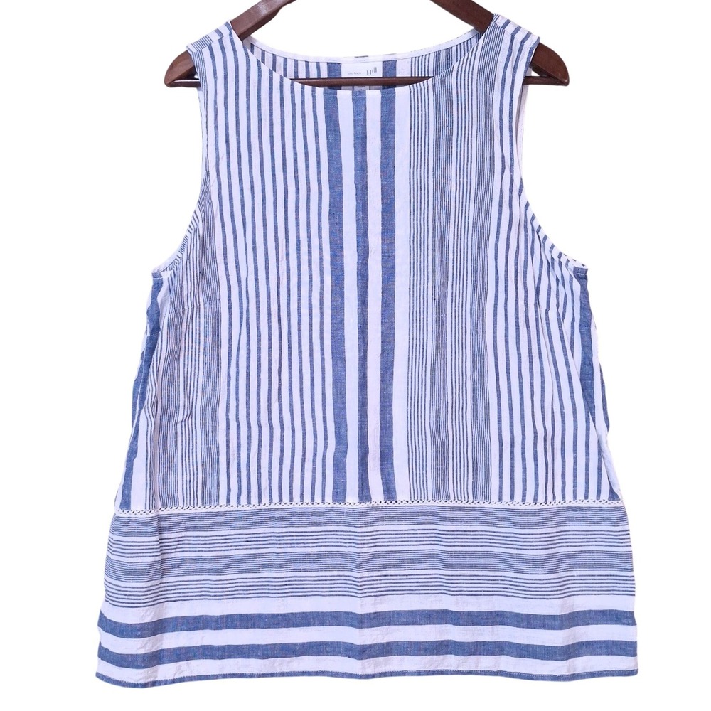 J.Jill 100% Linen Striped Sleeveless Tank Top L Blue White Flowy Fit Summer Boho